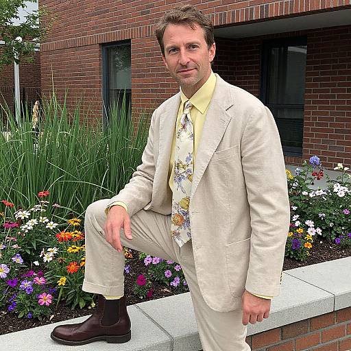 Photograph of a smiling man in a cream suit, yellow shirt, and floral tie, kneeling on a brick ledge in front of a brick building with