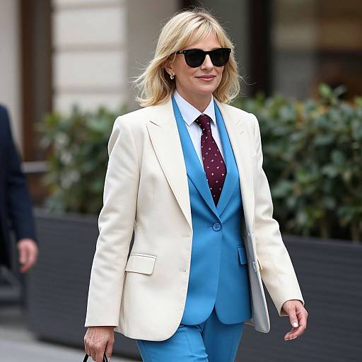 Photograph of a blonde woman in a white blazer, light blue suit, and red polka-dot tie, wearing black sunglasses, walking outdoors.