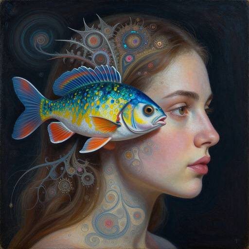 Digital art of a young woman with fair skin and brown hair, profile view, with a vibrant, colorful fish on her forehead, set against a dark