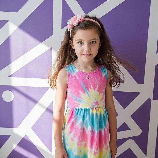 Photograph of a young girl with long brown hair, wearing a pink and blue tie-dye dress, pink headband with flower, standing against a