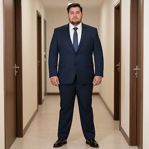 Photograph of a bearded man in a dark navy suit, white shirt, and black tie standing in a long, narrow, white-walled hallway