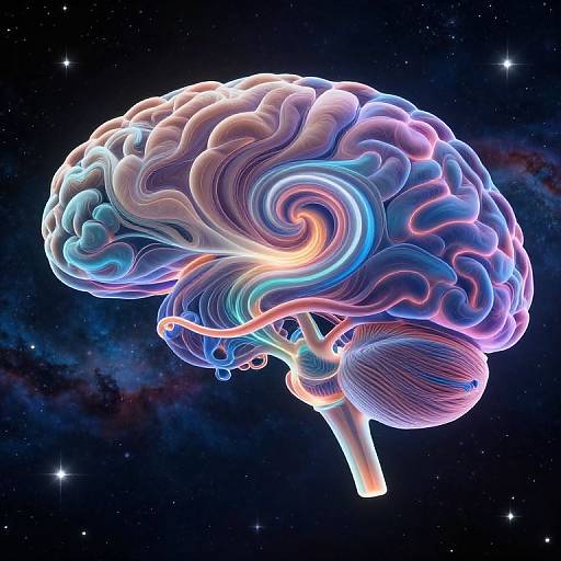 Digital artwork of a glowing, neon-colored human brain floating in a starry, cosmic background with swirls of blue, pink, and purple.