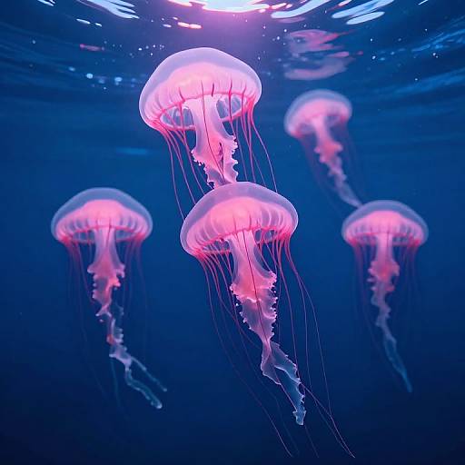 Photograph of glowing pink and purple jellyfish floating in a deep blue underwater environment, with sunlight filtering from above.