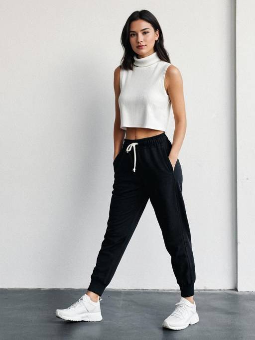 Woman in White Crop Top and Black Joggers