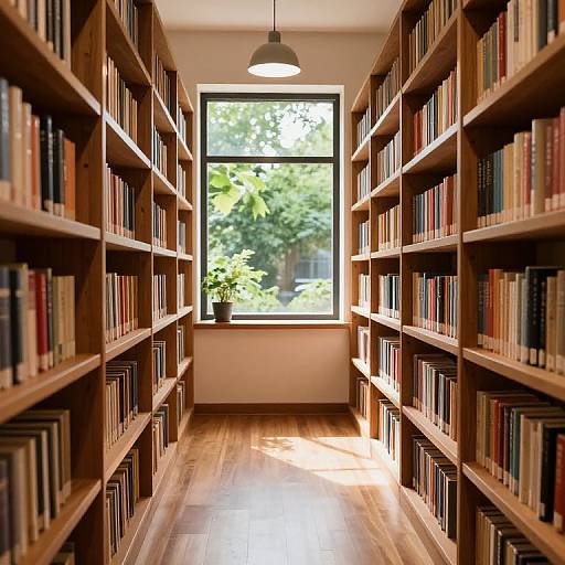 Photograph of a sunlit, narrow library aisle with wooden bookshelves filled with colorful books, leading to a large window showing green foliage outside.