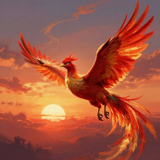 Digital painting of a vibrant phoenix with fiery red and orange feathers, soaring against a dramatic sunset sky with orange and purple clouds.