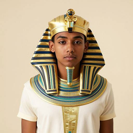 Photograph of a young man with dark skin, wearing an ancient Egyptian-style headdress and collar, white shirt, and gold and blue striped neckpiece