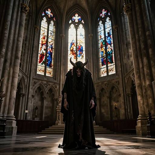 Mysterious Horned Figure in Gothic Cathedral
