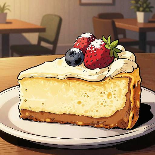 Digital drawing of a slice of cheesecake with whipped cream, strawberries, and blueberries on a white plate in a warmly lit café.