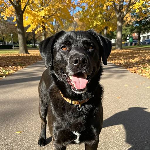 Photograph of a happy black Labrador with shiny fur, yellow collar, and pink tongue out, standing on a sunlit autumn path with golden leaves and