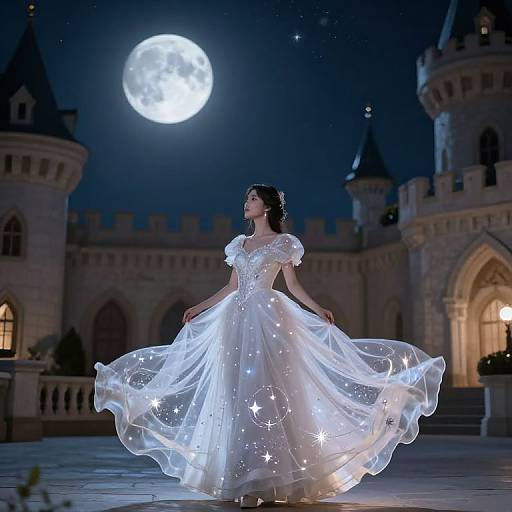 Photograph of a fair-skinned woman in a glowing, star-embellished white ball gown, standing under a full moon in front of a