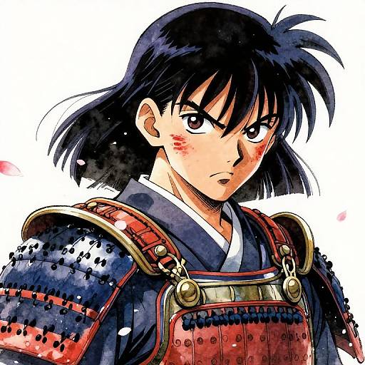Anime-style digital drawing of a determined young samurai with black hair, red armor, and intense brown eyes, blushing slightly.