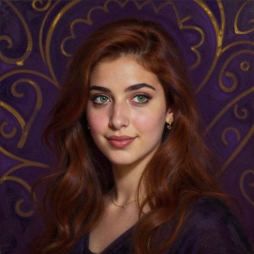 Digital portrait of a young woman with green eyes, wavy auburn hair, fair skin, and subtle smile, wearing a black top against a