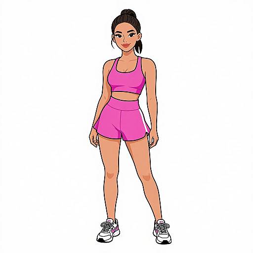Digital illustration of a fit woman with light brown skin, black hair in a high ponytail, wearing a pink sports bra and shorts, white sneakers,