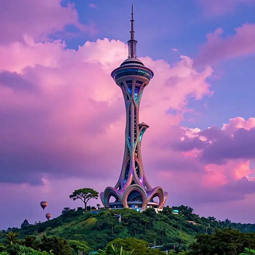Photograph of Singapore's Marina Bay Sands tower at dusk, with pink and purple clouds, green hill, and a hot air balloon.