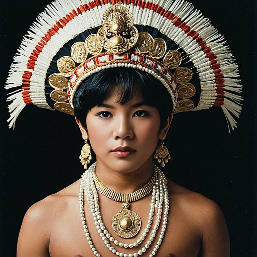 Boy in Traditional Barong Tagalog Headdress and Jewelry
