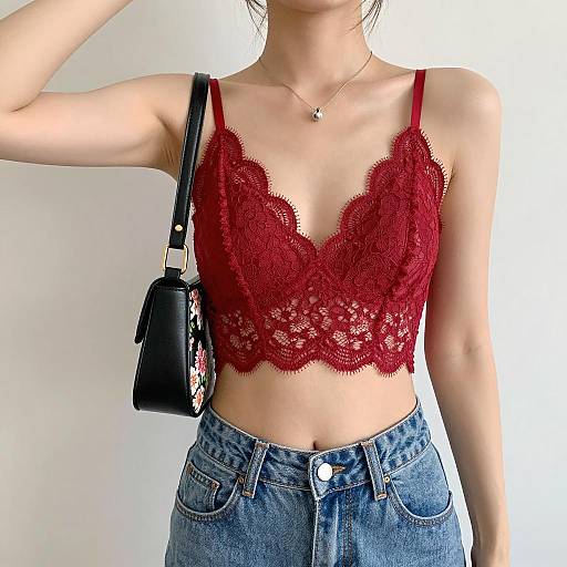 Woman in Red Lace Bralette and Blue Jeans