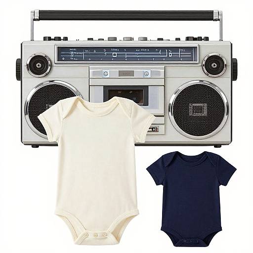 Photograph of a silver vintage radio with black speakers, two baby onesies—one white, one navy—arranged below.