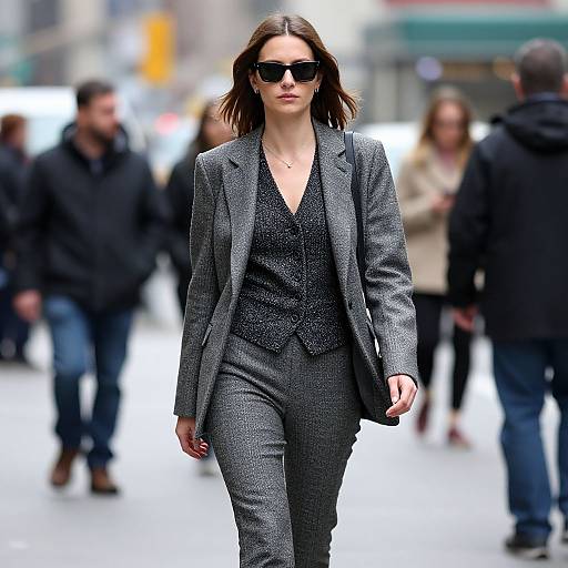Photograph of a confident woman in a gray houndstooth suit, black shirt, and sunglasses, walking through a busy city street.