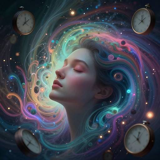 Digital artwork of a serene, fair-skinned woman with closed eyes, surrounded by swirling, colorful cosmic swirls and floating clocks.