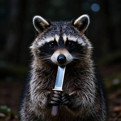 Raccoon with Knife in Dark Forest