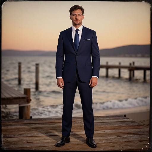 Photograph of a handsome man with light brown hair and beard, in a dark blue suit, white shirt, and black tie, standing on a wooden