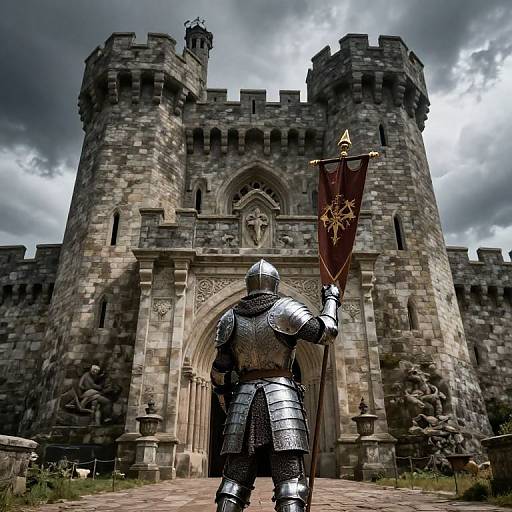 Photograph of a knight in silver armor, holding a red banner with a gold emblem, standing before a towering, stormy-clouded stone castle entrance