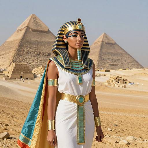Ancient Egyptian Woman in Pharaoh Costume Near Pyramids