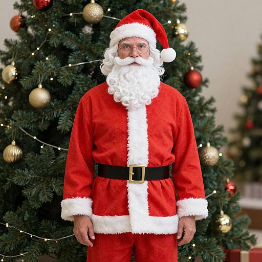 Photograph of a Santa Claus with a white beard and glasses, wearing a red velvet suit with white trim, standing in front of a decorated Christmas tree