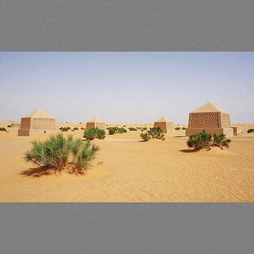 Photograph of a desert landscape with four traditional, rectangular, adobe buildings and sparse green shrubs under a clear, blue sky.