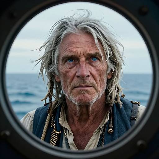 Photograph of an older man with wild gray hair, blue eyes, and weathered face, viewed through a round ship's porthole, wearing