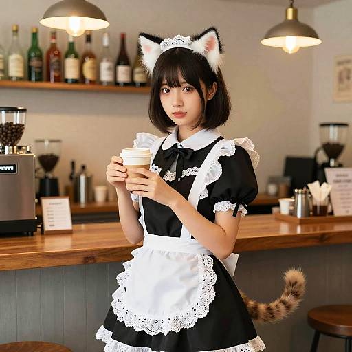Photograph of an Asian woman in a black and white French maid outfit with cat ears and tail, holding a coffee cup in a cozy café with wooden