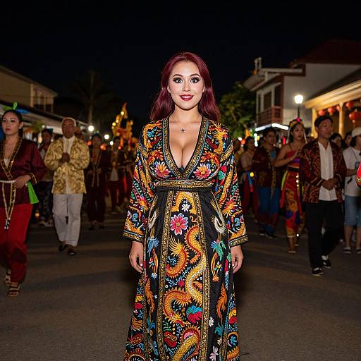Photograph of a confident woman with long dark hair, wearing a vibrant, floral-patterned, deep V-neck dress, standing in a nighttime street festival