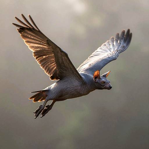 Photograph of a brown and white Secretarybird with orange crest, flying with wings spread wide against a blurred, sunlit background.