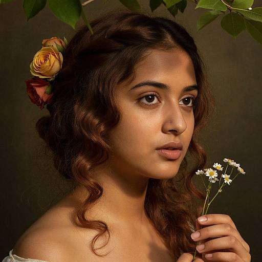 Photograph of a young woman with medium brown skin, curly brown hair, and a yellow rose in her hair, holding daisies, against a