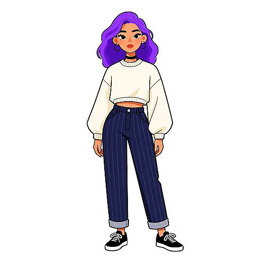 Digital illustration of a young woman with purple hair, wearing a white long-sleeve crop top, high-waisted dark blue pants, and black