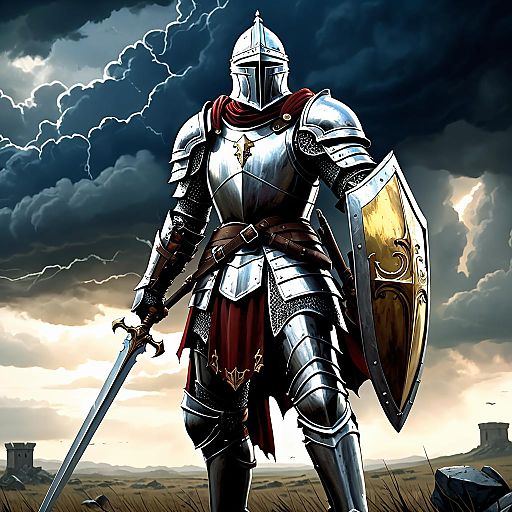 Heroic Knight Amid Stormy Battlefield Heroic Knight Amid Stormy Battlefield