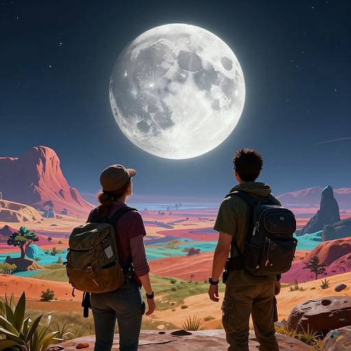 Digital art of two hikers with backpacks, facing a bright full moon over a vibrant, surreal desert landscape with colorful mountains.