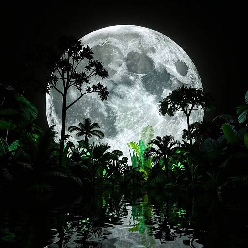 Digital artwork of a large, glowing full moon behind a silhouetted jungle with palm trees and lush greenery, reflecting in a dark, calm