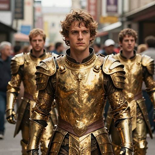 Man in Gold Armor on Crowded Street