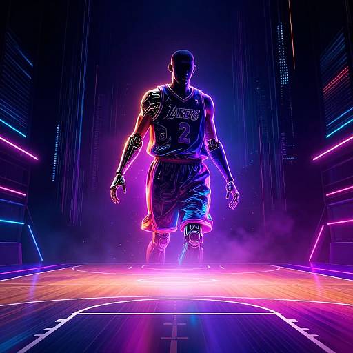 Neon-lit, futuristic basketball court: muscular black man in purple and black jersey, number 2, strides forward, illuminated by vibrant pink,