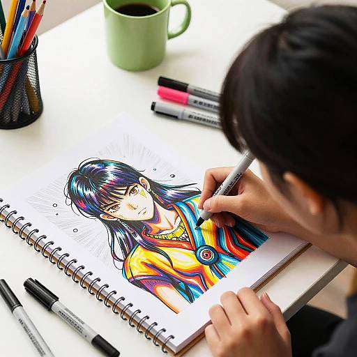Girl Drawing Vibrant Manga Characters