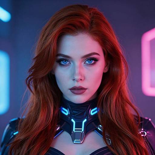 Photorealistic digital portrait of a pale-skinned, red-haired woman with intense blue eyes, wearing a black, futuristic, high-collared outfit