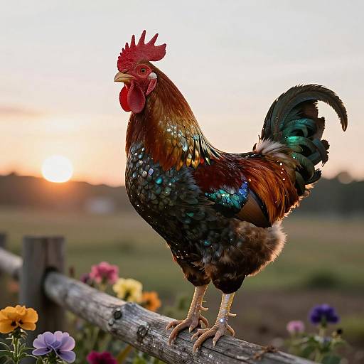 Colorful Rooster on Farm Fence at Sunset
