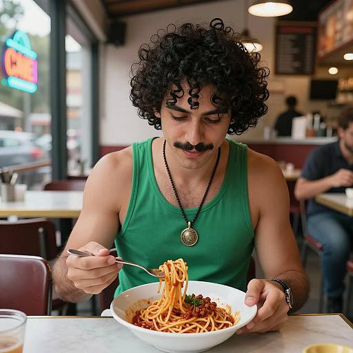 Man Eating Spaghetti in Restaurant
