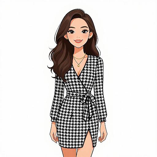 Smiling Woman in Houndstooth Dress