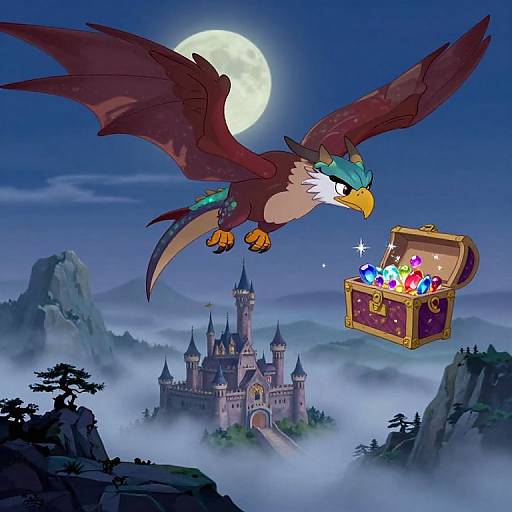Digital illustration: A fierce, brown and white griffin with green accents flies under a full moon, carrying a glittering, open treasure chest filled with