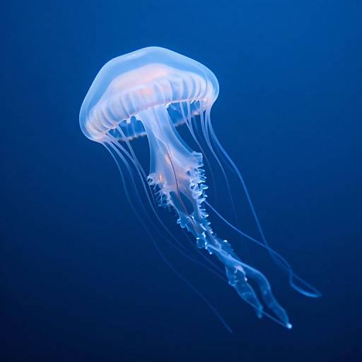 Photograph of a glowing, translucent jellyfish with delicate, flowing tentacles against a deep blue ocean background.