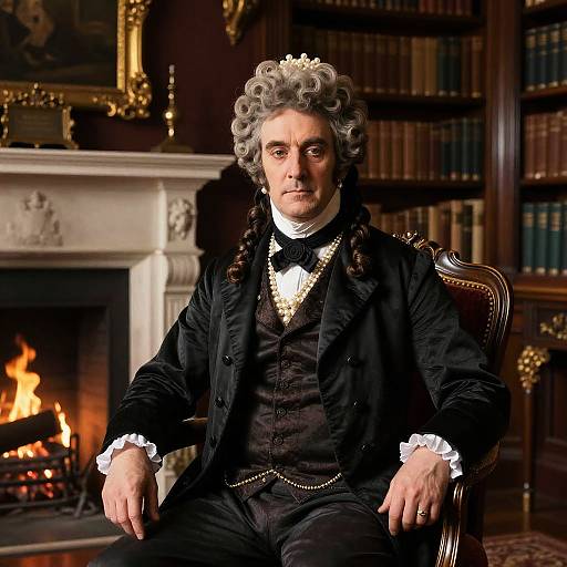 Photograph of an 18th-century aristocrat with gray curly hair, black formal attire, white ruffled cuffs, seated in a library with a