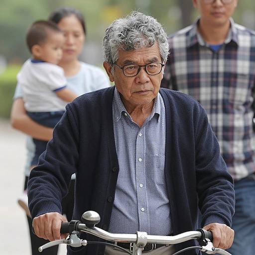 Middle-aged man riding bicycle with family in background